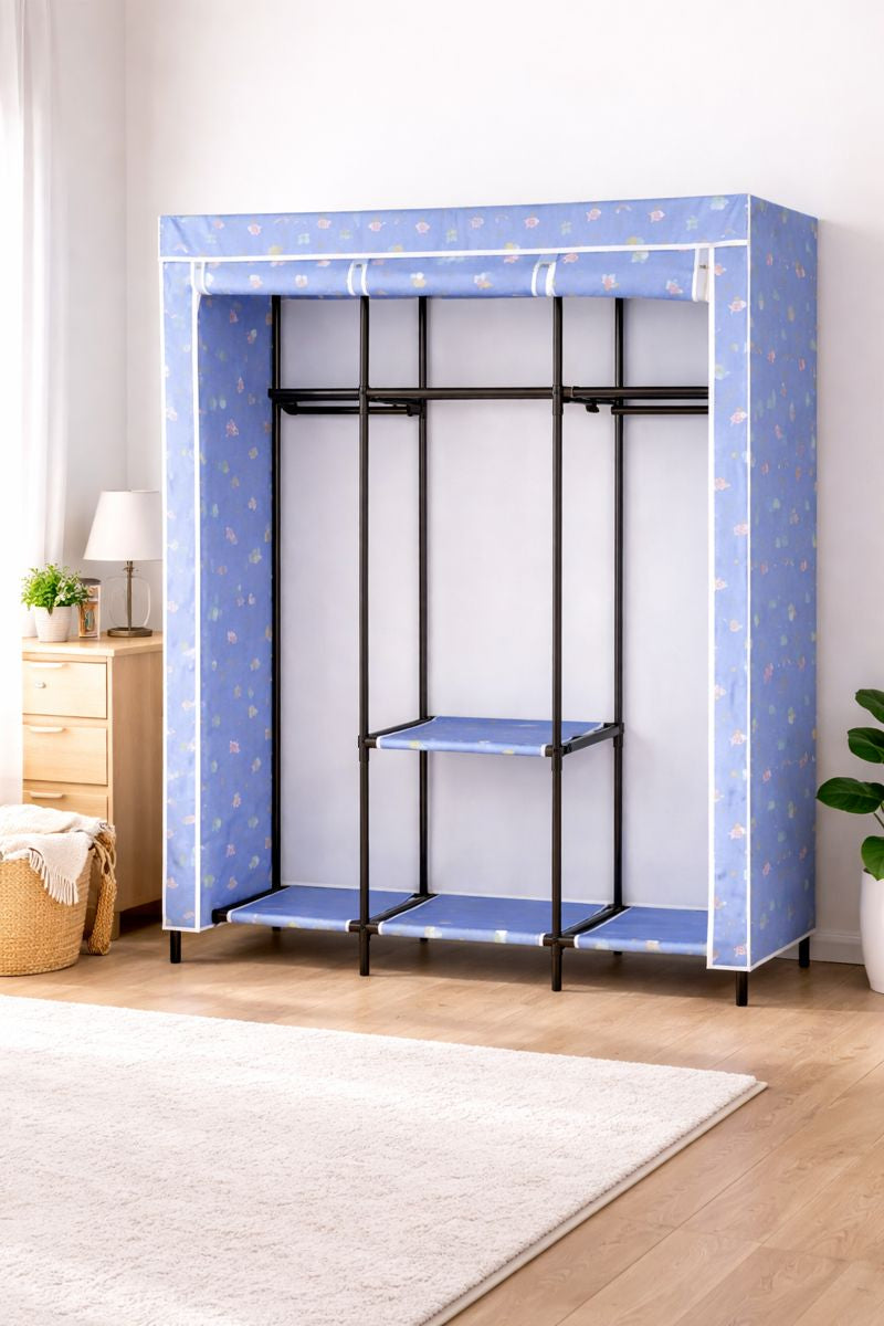 Portable Fabric Wardrobe Closet with Zip Cover, Hanging Rail & Shelves – Dustproof Clothes Storage Organizer