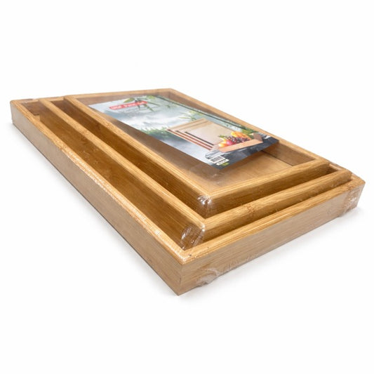 3 PIECE WOODEN SERVING TRAY SET – NESTING RECTANGULAR BAMBOO TRAYS FOR SERVING & DECOR