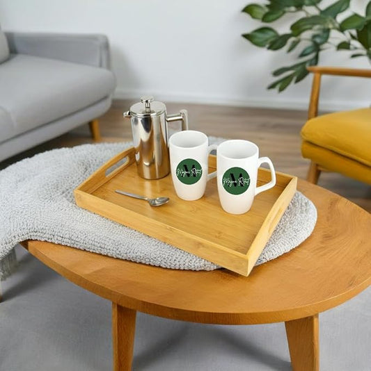 3 PIECE BAMBOO SERVING TRAY SET WITH HANDLES – NESTING RECTANGULAR WOODEN FOOD TRAYS