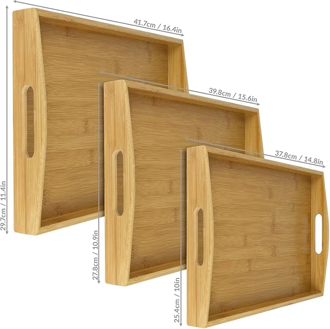 3 PIECE BAMBOO SERVING TRAY SET WITH HANDLES – NESTING RECTANGULAR WOODEN FOOD TRAYS