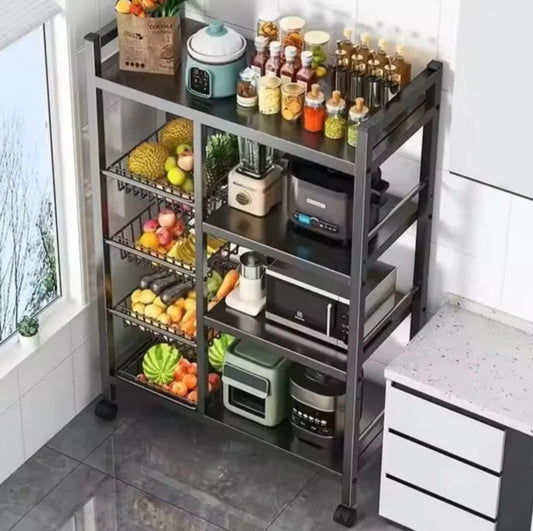 Rolling Kitchen Storage Rack with Wire Baskets and Multi-Tier Shelves – Mobile Utility Organizer Cart