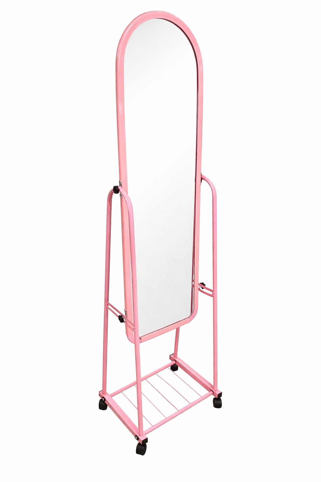 Pink Full-Length Standing Mirror with Wheels – Adjustable Floor Dressing Mirror with Storage Rack