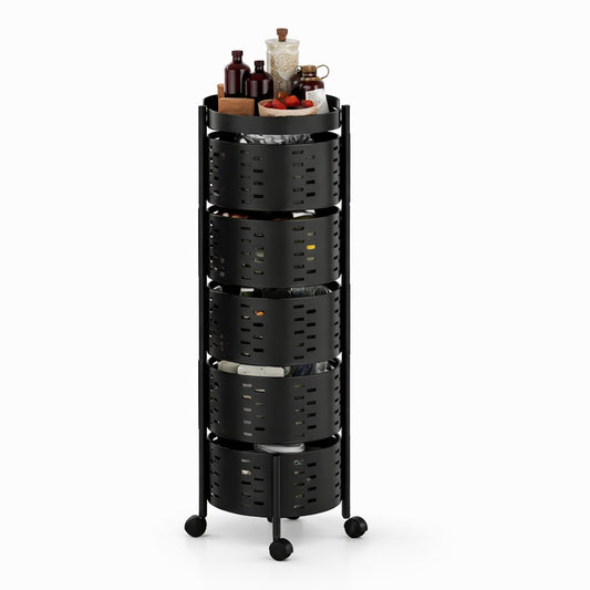 5-Tier Metal Rolling Storage Basket Rack – Multi-Layer Organizer with Wheels (Black)