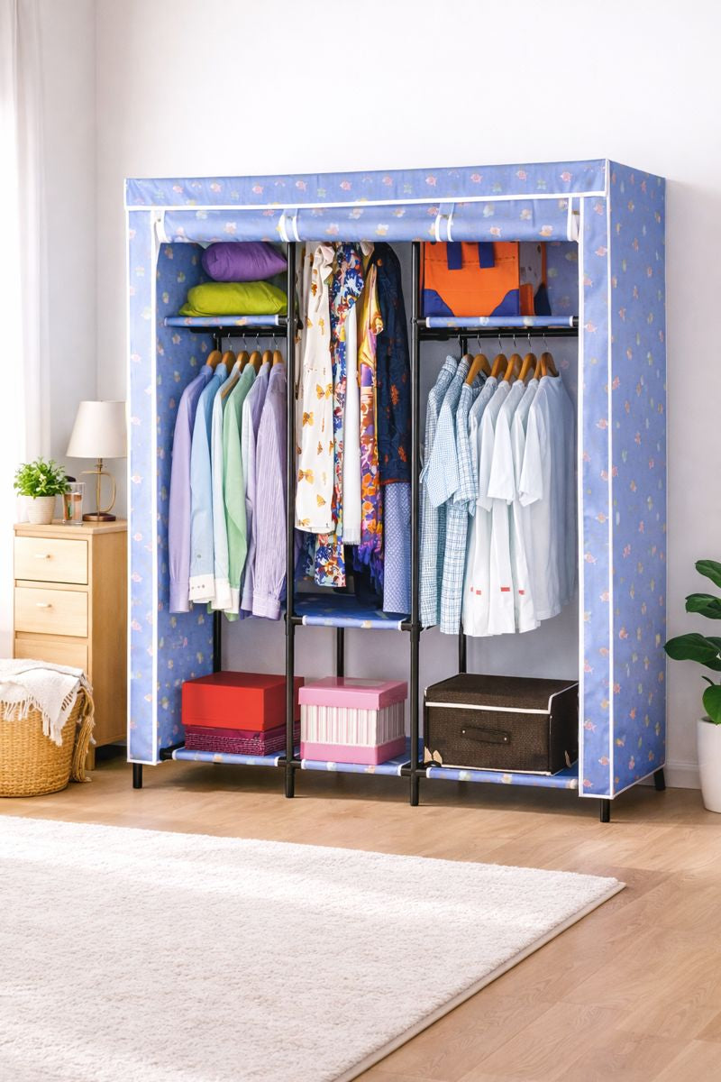 Portable Fabric Wardrobe Closet with Zip Cover, Hanging Rail & Shelves – Dustproof Clothes Storage Organizer