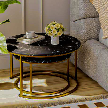 LUXURY BLACK MARBLE NESTING COFFEE TABLE SET WITH GOLD METAL FRAME