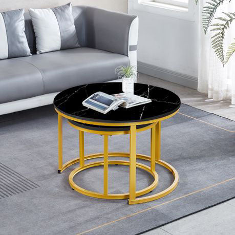 LUXURY BLACK MARBLE NESTING COFFEE TABLE SET WITH GOLD METAL FRAME