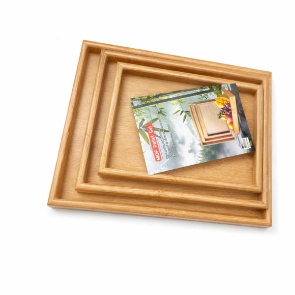 3 PIECE WOODEN SERVING TRAY SET – NESTING RECTANGULAR BAMBOO TRAYS FOR SERVING & DECOR