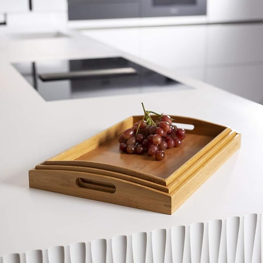 3 PIECE BAMBOO SERVING TRAY SET WITH HANDLES – NESTING RECTANGULAR WOODEN FOOD TRAYS