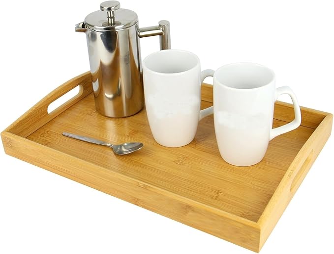 3 PIECE BAMBOO SERVING TRAY SET WITH HANDLES – NESTING RECTANGULAR WOODEN FOOD TRAYS