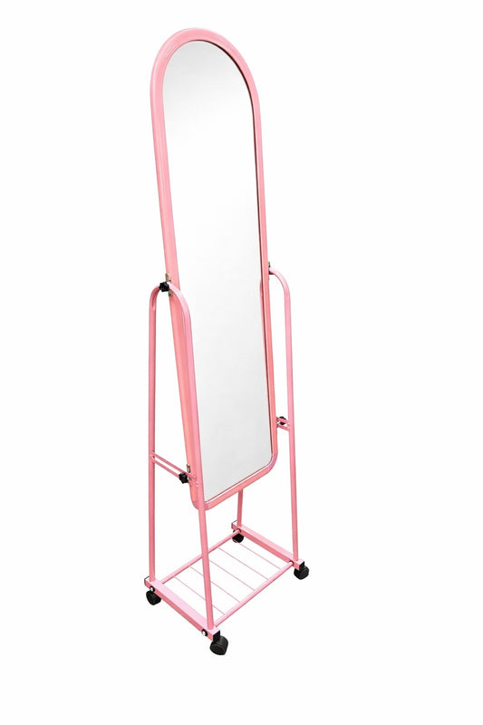 Pink Full-Length Standing Mirror with Wheels – Adjustable Floor Dressing Mirror with Storage Rack