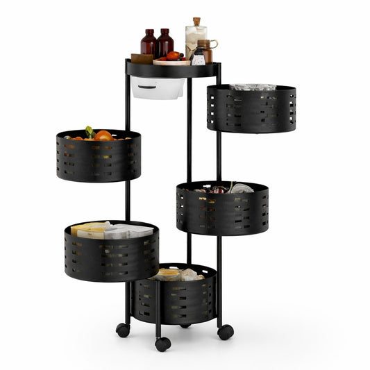 5-Tier Metal Rolling Storage Basket Rack – Multi-Layer Organizer with Wheels (Black)