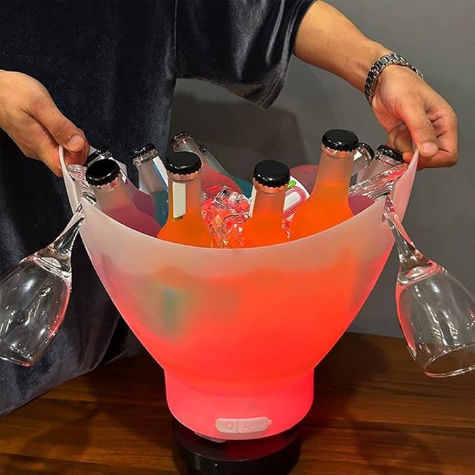 LED ICE BUCKET WITH BLUETOOTH SPEAKER & WINE GLASS HOLDERS – RECHARGEABLE COLOUR-CHANGING PARTY COOLER