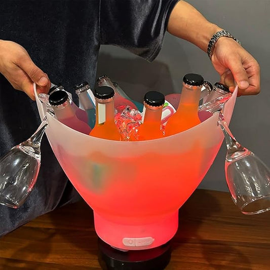 LED ICE BUCKET WITH BLUETOOTH SPEAKER & WINE GLASS HOLDERS – RECHARGEABLE COLOUR-CHANGING PARTY COOLER