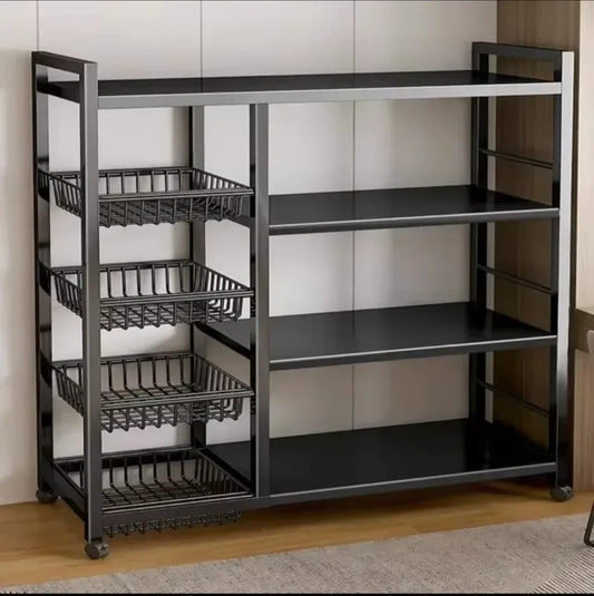 Rolling Kitchen Storage Rack with Wire Baskets and Multi-Tier Shelves – Mobile Utility Organizer Cart