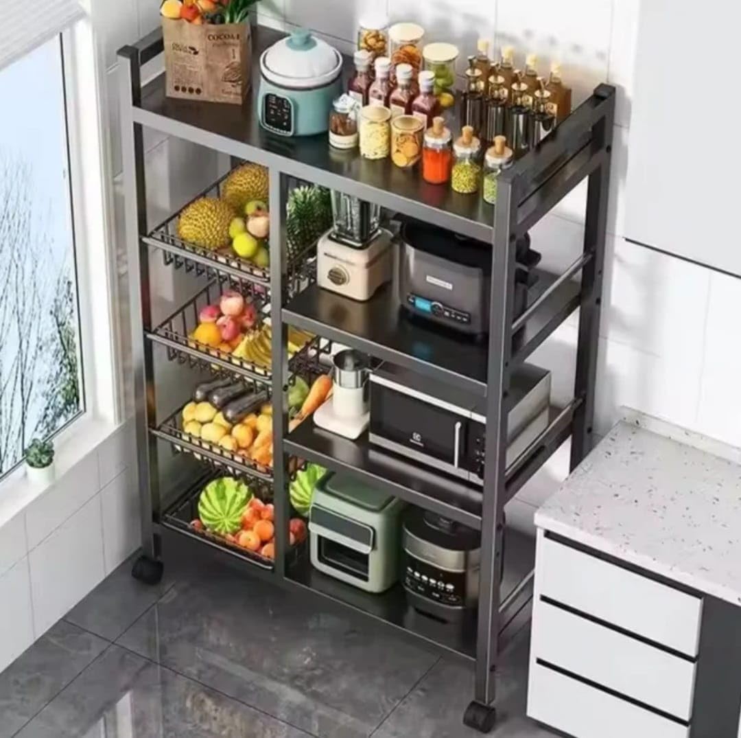 Rolling Kitchen Storage Rack with Wire Baskets and Multi-Tier Shelves – Mobile Utility Organizer Cart