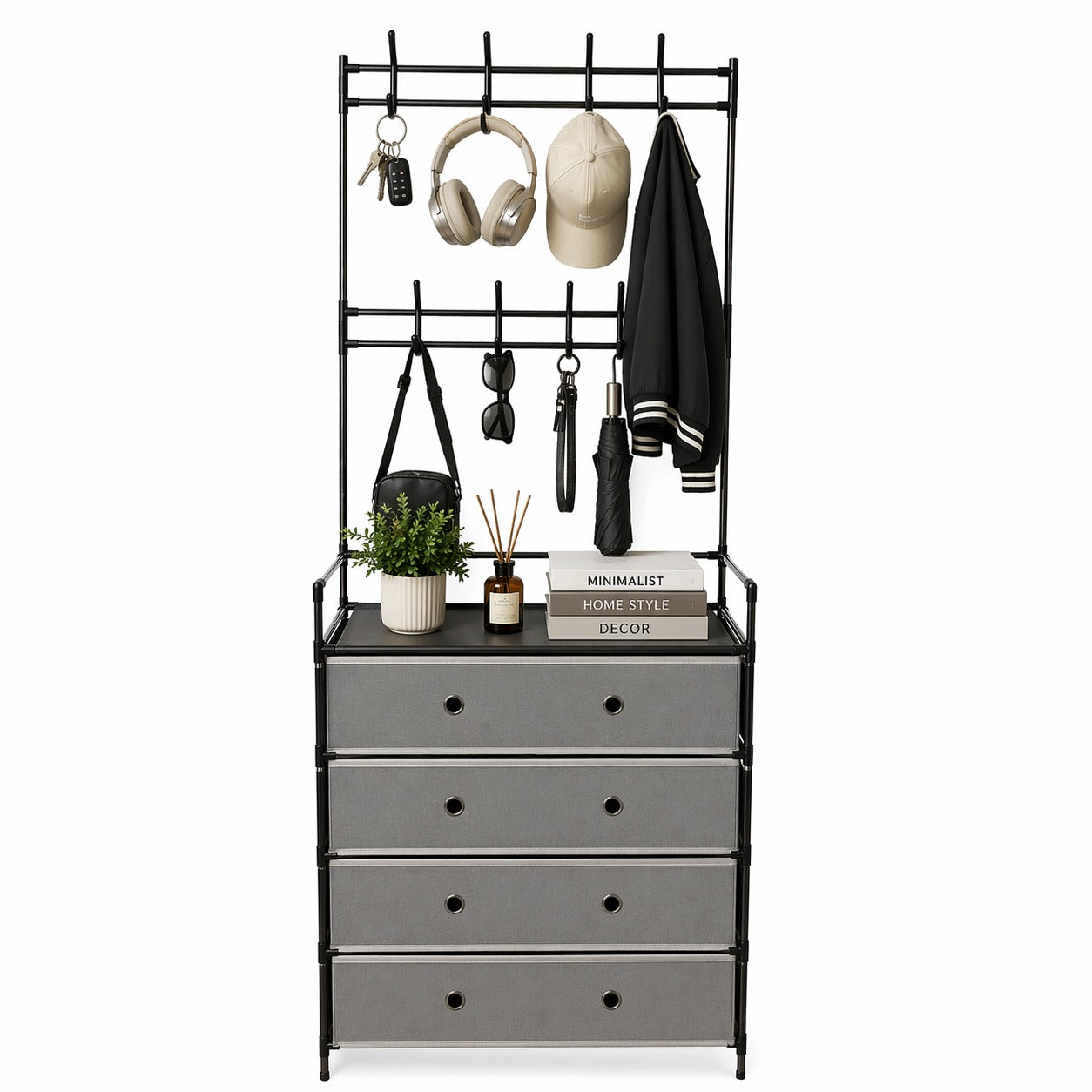 Multi-Functional Hall Tree Coat Rack with Hooks, Shelf & Fabric Drawers