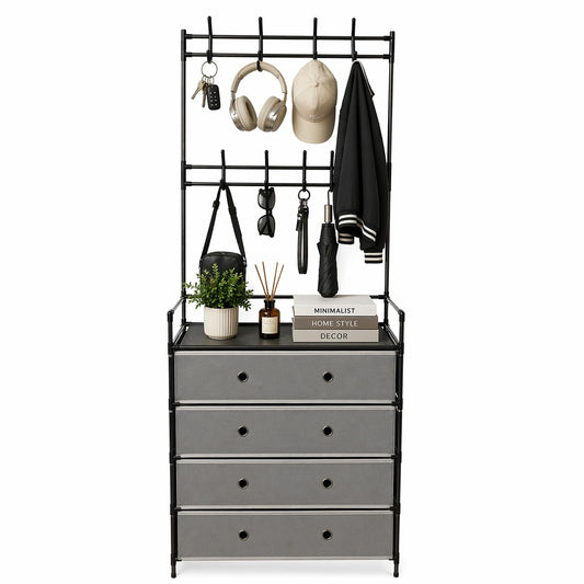 Multi-Functional Hall Tree Coat Rack with Hooks, Shelf & Fabric Drawers