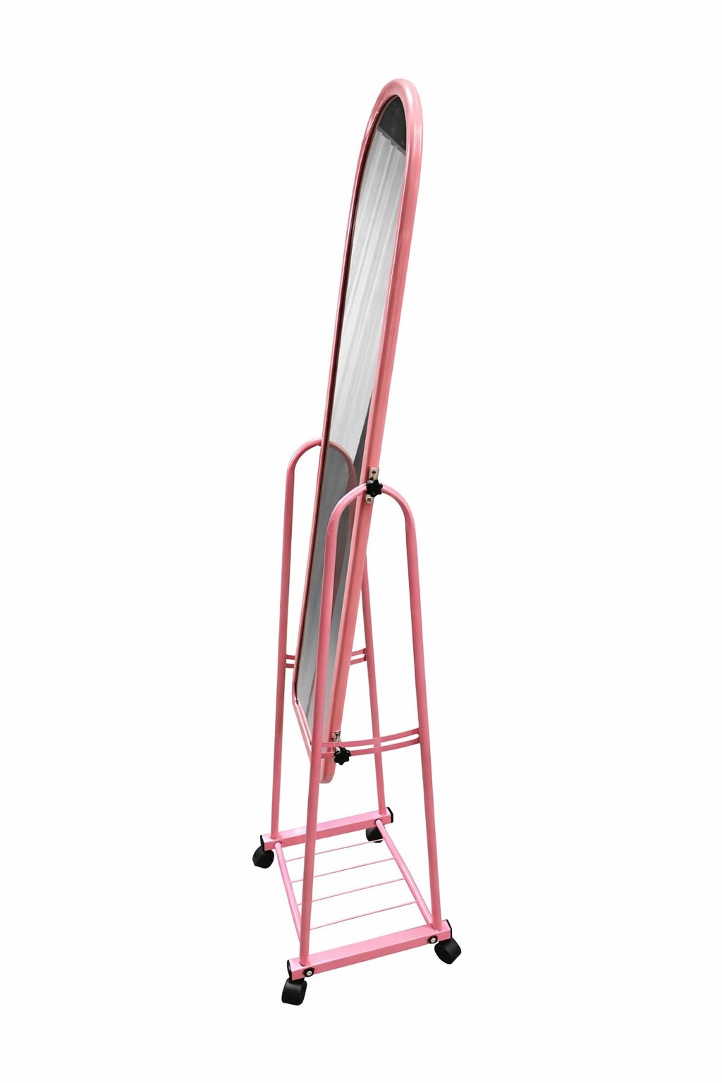 Pink Full-Length Standing Mirror with Wheels – Adjustable Floor Dressing Mirror with Storage Rack