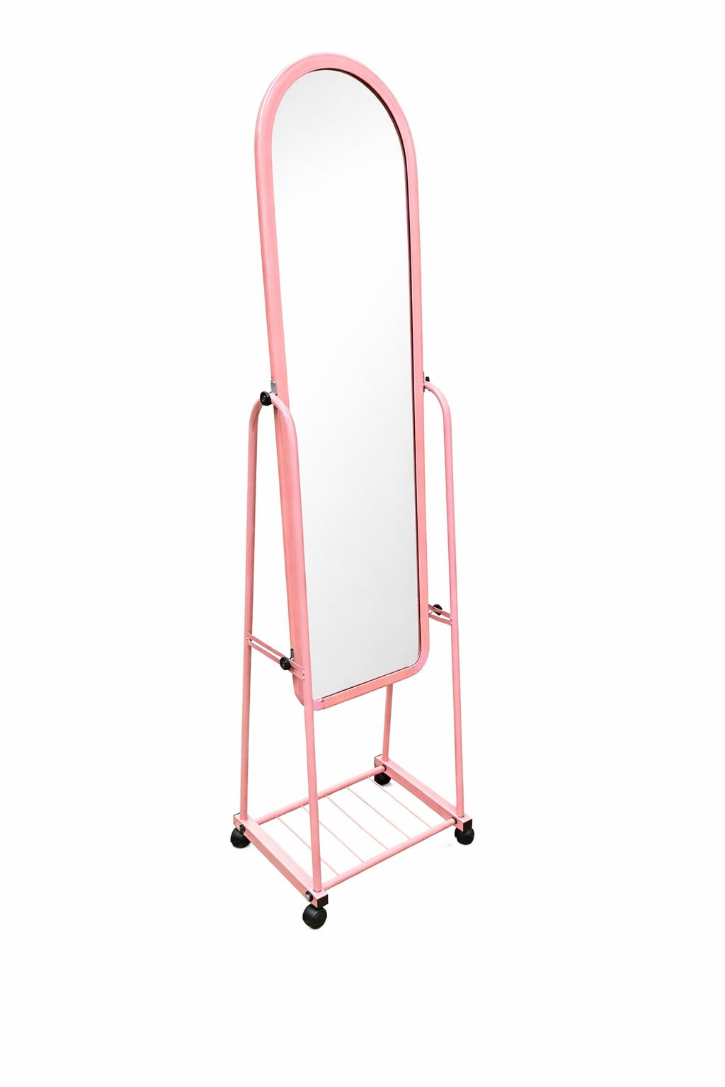 Pink Full-Length Standing Mirror with Wheels – Adjustable Floor Dressing Mirror with Storage Rack