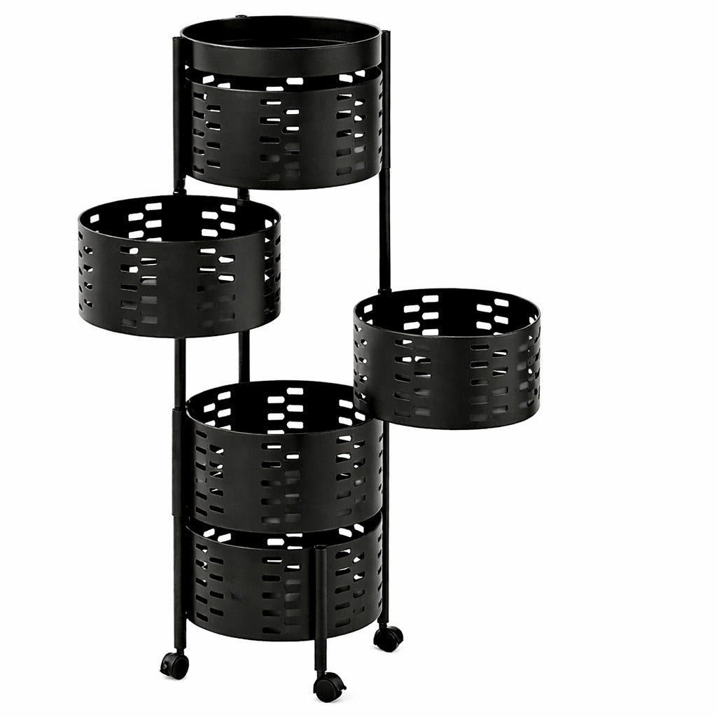 5-Tier Metal Rolling Storage Basket Rack – Multi-Layer Organizer with Wheels (Black)
