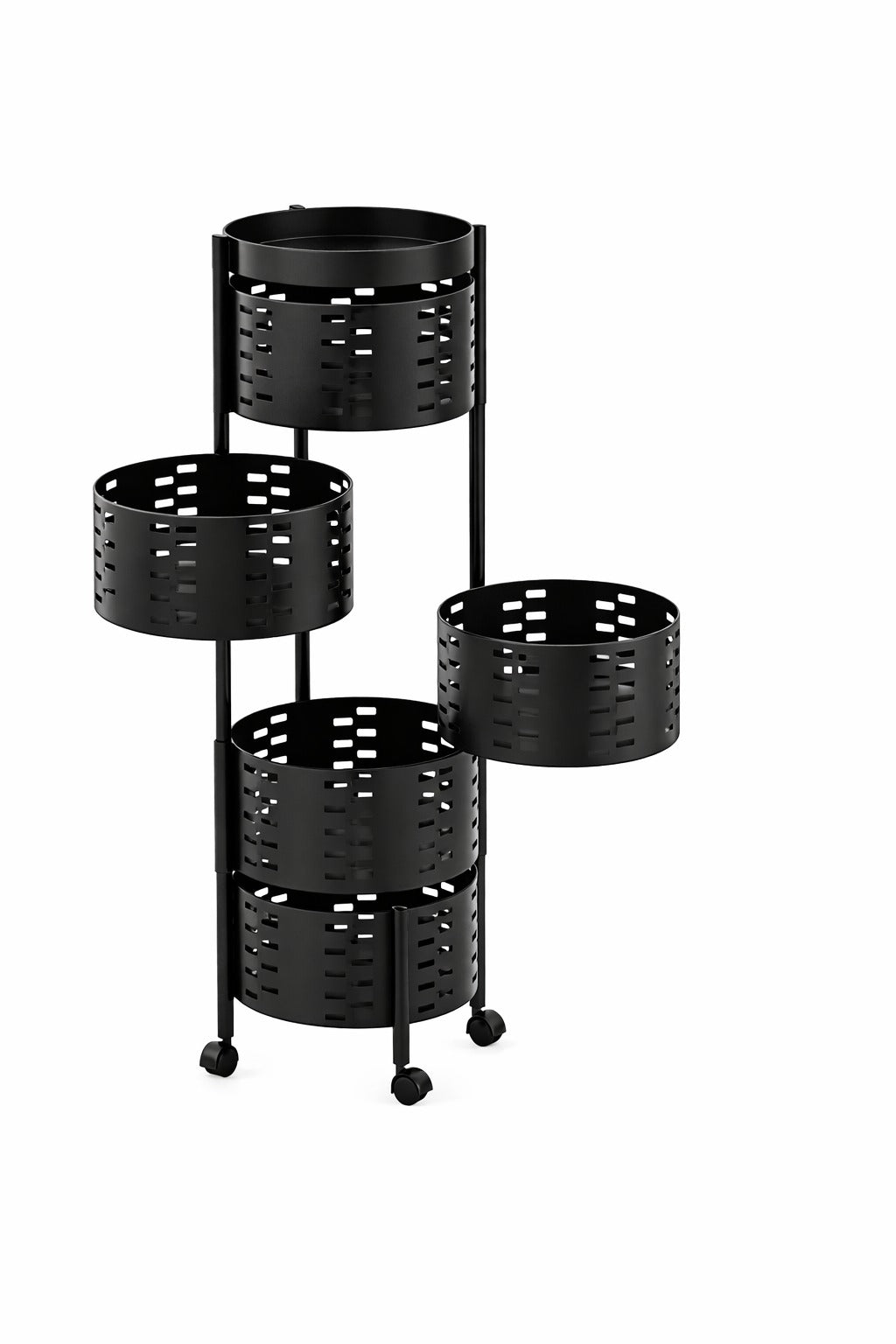 5-Tier Metal Rolling Storage Basket Rack – Multi-Layer Organizer with Wheels (Black)