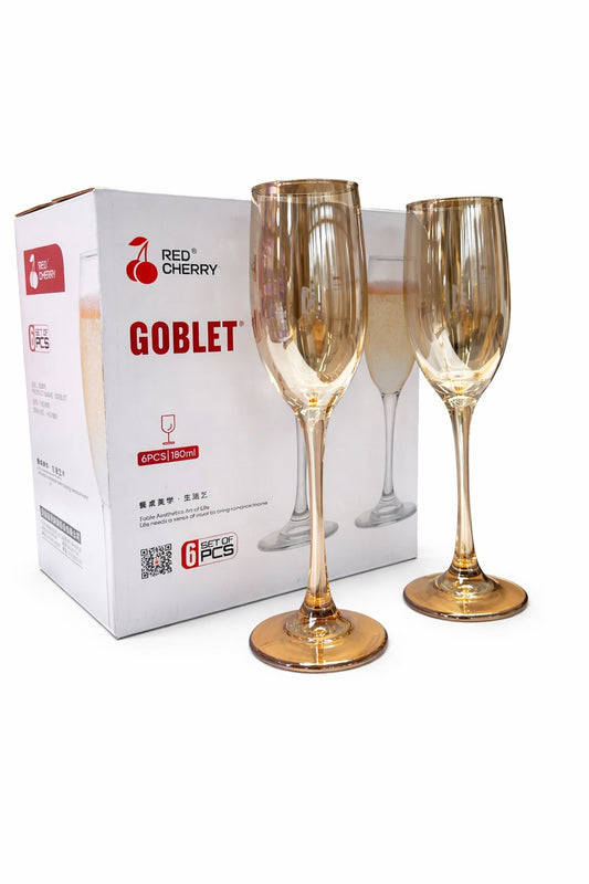 Red Cherry Gold Goblet Glass Set – 6 Pieces (180 ml) Elegant Champagne & Beverage Glasses