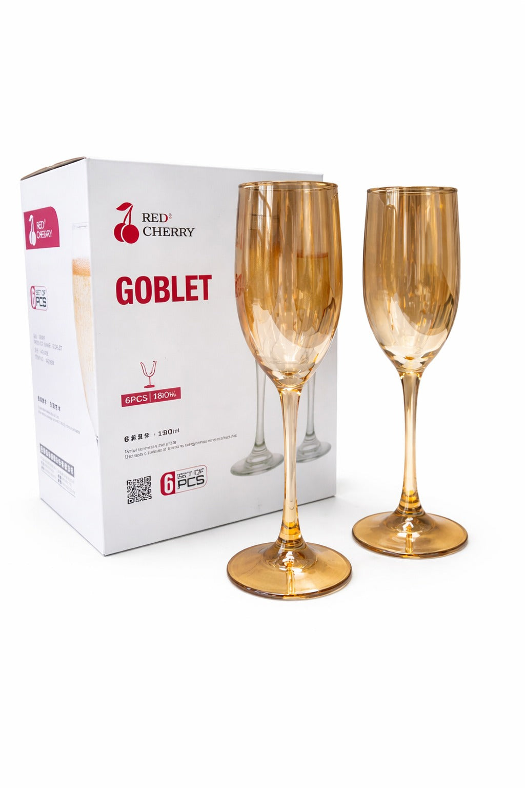 Red Cherry Gold Goblet Glass Set – 6 Pieces (180 ml) Elegant Champagne & Beverage Glasses